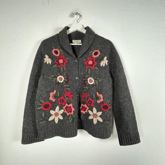 Eddie Bauer Sweaters - Vintage Eddie Bauer Women Lambswool Floral Embroidered Cardigan Sweater PXL Gray